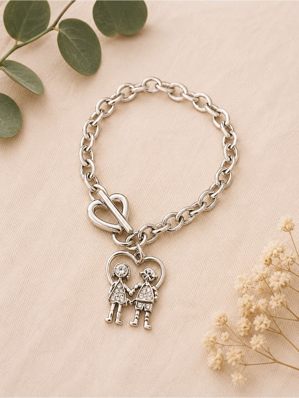 Silver Heart Couple Charm Bracelet